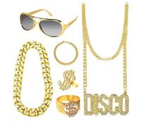 Set di 6 collane in oro in plastica Hip Hop, accessori per costume da discoteca, catena d'oro con segno del dollaro, bracciale dorato, occhiali da sole retrò, costume da rapper per anni '70 anni '90