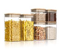 Set di 6 Contenitori Ermetici per Alimenti in Vetro, 2x 10x10 cm, 2x 10x15 cm, 2x 10x20 cm, 1 a 2 litri, Brocca in vetro borosilicato per la conservazione, Coperchio in bambù, Guarnizione in silicone
