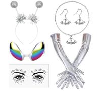 Set di 6 costumi alieni da donna, in argento, con guanti alieni, per capelli, per feste a tema, cosplay, mascherata, argento, Taglia unica