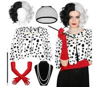 Set di 6 costumi da Crudelia Deville da donna, kit per cosplay di Crudelia, con mantello, parrucca bianca e nera, collana di perle, guanti, puntello per la Giornata mondiale del libro, Halloween
