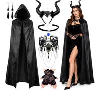 Set di 6 costumi da diavolo da donna, 150 cm, costume da diavolo di Malefiecent, con corna malefica, mantello nero, gioielli gotici, guanti in pizzo, regina cattiva, per Halloween, carnevale, cosplay