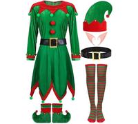 Set di 6 costumi da elfo di Natale, in velluto, con cappello da elfo, scarpe, orecchie, cintura e calzini, completo per feste natalizie