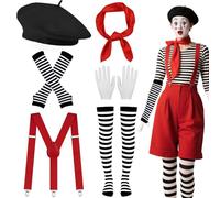 Set di 6 costumi da mimo francese per adulti, travestimento da artista mimo, pantomima, jolly francese, kit con berretto nero, bretelle, sciarpa rossa, calzini a righe, guanti per feste di Halloween