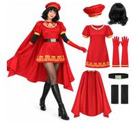 Set di 6 costumi da Signore delle fiabe da donna, rosso | Include abito rosso, mantello, cintura, cappello, guanti, maniche per braccia e parrucca nera per un look coordinato con il