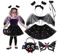 Set di 6 costumi di Halloween per bambini, costume da pipistrello, gonna a LED in tulle, ali di pipistrello, bacchetta magica, fascia per capelli, maschera, borsa in feltro, per Halloween, feste,