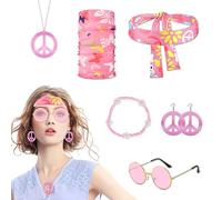 Set di 6 costumi hippie, accessori hippie per donne, segno della pace, collane hippie bracciale, orecchini, occhiali, fascia bandana