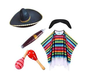 Set di 6 costumi messicani da uomo, poncho messicano, carnevale, feste a tema, baffi, messicani, western cowboy e sombrero, set per feste a tema, R nero., Taglia unica