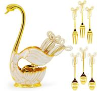 Set di 6 cucchiai da caffè e dessert con supporto decorativo Swan Bottom Holder, cucchiaino da tè in acciaio inox a forma di cigno (oro bianco)