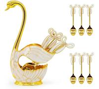 Set di 6 cucchiai da caffè e dessert con supporto decorativo Swan Bottom Holder, cucchiaino da tè in acciaio inox a forma di cigno (bianco oro)