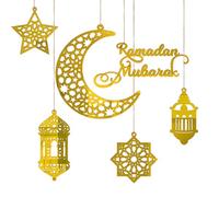 Set di 6 decorazioni del Ramadan, pendenti acrilici a forma di luna crescente e stelle con corda da 10 m per appendere alle pareti alle finestre agli alberi (Golden)