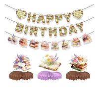 Set di 6 decorazioni per feste a tema libri, striscione "Happy Birthday" già assemblato e centrotavola a nido d'ape - Tema compleanno "One For The Books"