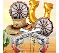 Set di 6 decorazioni per feste di compleanno a tema western, include palloncini a forma di cappello da cowboy marrone, ferro di cavallo, ruota di carretto e pistole, adatto per decorazioni per feste d