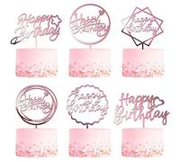 Set di 6 decorazioni per torta di compleanno in oro rosa con brillantini su entrambi i lati, in acrilico con scritta "Happy Birthday" per torte e cupcake, decorazioni per feste di compleanno per ragazze e mamme.