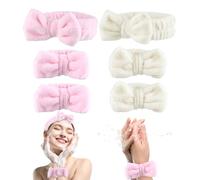 Set di 6 fasce da donna per la cura della pelle, morbide, per il lavaggio del viso, con fiocchi, fasce per il trucco, asciugamani da polso (beige + rosa, L)