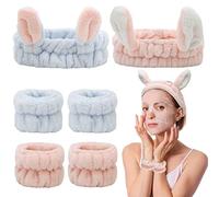 Set di 6 fasce per il trucco con orecchie in peluche, per la cura della pelle, con cinturino per lavare il viso, da donna