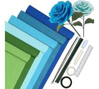 Set di 6 fogli di carta crespa colorati, 6 rotoli da 25 x 200 cm, blu sfumato con 15 fili di fiori, 2 bastoncini di colla a caldo, nastro biadesivo, righello, filo da cucito, carta crespa floreale fai