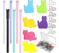 Set di 6 fogli di carta da lettere con motivo gatto, 30 graffette, in metallo, 6 penne gel per bambini, per l'inizio della scuola, divertenti accessori da scrivania