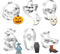 Set di 6 formine per biscotti in acciaio inox, a forma di zucca, teschio, fantasma, casa cacciata, stivali e bara, per decorazioni per feste di Halloween (Halloween)