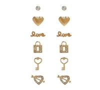 Set Di 6 GUESS Color Oro Orecchini; Love Cuore Lucchetto Cuore Key,Strass