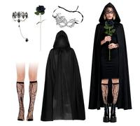 Set di 6 mantelli neri con cappuccio, costume da Halloween da donna con maschera e collana, 1 paio di calzini alti al polpaccio e rosa nera, 150 cm, per Halloween, carnevale, cosplay, feste