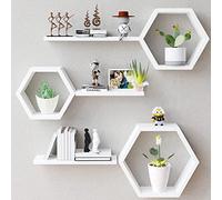 Set di 6 mensole esagonali galleggianti in legno di pino, per foto, piante, mensole rustiche a nido d'ape per soggiorno, camera da letto, bagno, cucina, ufficio, colore bianco.