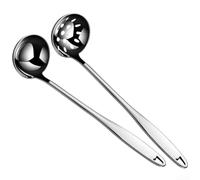 Set di 6 mestoli e schiumarola in acciaio inox, 304 lucidati a specchio, con manico lungo per servire stufato caldo, utensili da cucina argento