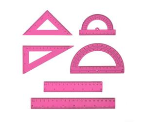 Set di 6 misuratori matematici in plastica trasparente, include goniometro, triangolo e righelli dritti per attività di geometria e disegno (rosa)