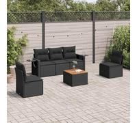 Set di 6 mobili da giardino in rattan sintetico nero con cuscini, tavolino per sollevamento a gas e piano in legno di acacia, portaoggetti modulare per il tempo libero impermeabile per terrazze