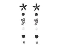 Set Di 6 Orecchini Guess In Ematite Nera; Cuore, Fiore, Perla, "G" + Strass