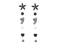 Set Di 6 Orecchini Guess In Ematite Nera; Cuore, Fiore, Perla, "G" + Strass
