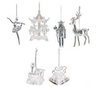 Set di 6 ornamenti natalizi in acrilico trasparente con forme festive da appendere, tra cui angelo, campana, cavallo a dondolo, treno, Huatoubing e ballerina, per decorazioni natalizie