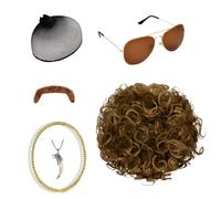 Set di 6 Parrucche da Uomo Anni '70 80, Afro Fancy Parrucca da Discoteca con 2 Collana e Baffi, Corti Ricci Ispidi, Biondi Castani Aspetto Funky Veri Capelli, Ideali per Carnevale e Feste