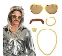 Set di 6 parrucche da uomo anni '80, accessori da uomo, parrucca da uomo, con collana d'oro, bracciale, occhiali da sole, baffi, dorate, per carnevale e feste, marrone, L
