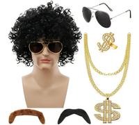 Set di 6 parrucche hippie anni '70 e '80, accessori per travestimento da discoteca con parrucca afro, occhiali da sole, collana, baffi finti hippy, accessori da uomo per feste a tema carnevale