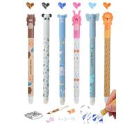 Set di 6 penne a sfera cancellabili, sfera all'estremità per rimuovere l'inchiostro, penne gel cancellabili 0,7 mm, diversi motivi di animali e colori dell'inchiostro, scimmia, elefante, panda