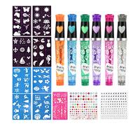 Set di 6 penne per tatuaggi per bambini, con glitter per la pelle, con 8 stencil, 80 modelli e pietra per il viso, per ragazzi e ragazze