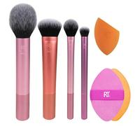 Set di 6 pennelli per il trucco quotidiano Real Techniques, include 4 pennelli e una spugnetta per il trucco e un cuscinetto per cipria 2 in 1, per fondotinta, blush, bronzer, contouring, ombretto e c