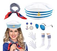 Set di 6 pezzi da donna, cappello da marinaio, calze a righe bianche e blu, sciarpa, guanti, orecchini a forma di timone e occhiali da sole, set di accessori da marinaio per il Carnevale