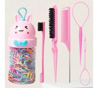 Set di 6 pezzi di accessori per acconciature, design carino a forma di coniglio, mollette elastiche monouso per bambini (circa 200 pezzi di mollette colorate), pettine a coda di ratto, spazzola per la