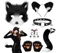 Set di 6 pezzi di gatto volpe cosplay in pelliccia sintetica Fox Wolf Tail Kit con maschera volpe orecchie di gatto, cerchietto per capelli coda di zampe guanti e collana in pelle per Halloween
