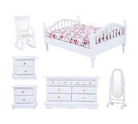 Set di 6 pezzi di mini mobili in legno bianco per camera da letto, adatti a case delle bambole in scala 1/12: mobili giocattolo compresi letto, comò, specchio e sedia; finitura