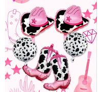 Set di 6 pezzi per decorazione festa di compleanno a tema western, include stivali da cowboy rosa, cappello da cowboy rosa a forma di stella, palloncini rotondi in lamina da 18" con texture latte, ada