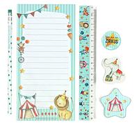 Set di 6 pezzi per la scrittura | motivo circo | con temperamatite righello cancellino blocco di scrittura & bottone | idea regalo per iniziare la scuola o di compleanno dei bambini | set 3