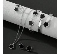 Set di 6 pezzi/Set Gioielli da donna con simbolo portafortuna a cinque petali, include bracciale, braccialetto, collana, orecchini, anello, decorazione floreale a contrasto di colore, accessorio essen