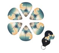 Set di 6 plettri per chitarra, a tema barca, paesaggio marino, set di plettri per basso personalizzati su entrambi i lati, con scatola organizer per ukulele, plettri per ukulele, accessori per uomini