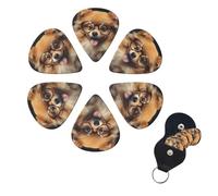 Set di 6 plettri per chitarra con cane della Pomerania che indossa occhiali per chitarra, set di plettri per basso personalizzati su entrambi i lati, con scatola portaoggetti, plettri per ukulele