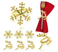 Set di 6 portatovaglioli in metallo con motivo fiocco di neve e renna, per decorazioni da tavola e feste stagionali (set oro)