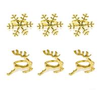 Set di 6 portatovaglioli natalizi in metallo con fiocco di neve e renna, per eleganti cene e celebrazioni (set oro)
