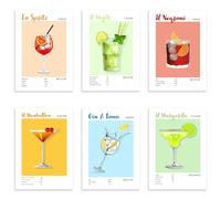 Set di 6 Poster Cocktail di Spritz Mojito Negroni Manhattan Gin Tonic Margarita, quadri Idea Regalo wall art Arredamento Casa Cucina Bar Poster da parete in carta glossy premium (A4 (210 mm x 297 mm))