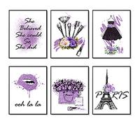 Set di 6 poster viola per trucco, alla moda, stampa artistica da parete per la stanza dei trucchi set di 6 poster artistici su tela motivo profumo fiore rossetto (20.3x25.4 cm senza cornice)